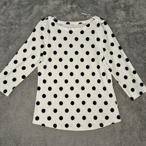 Charter Club Popover Casual Knit Top Women M Lightweight White Blue Gray Dots